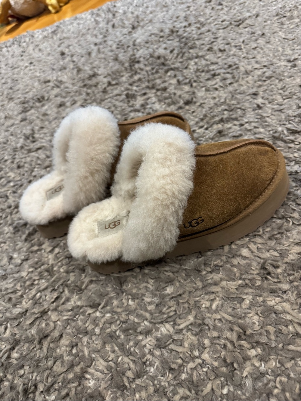 UGG Women Chestnut Suede Slippers with Cream Sheepskin Trim